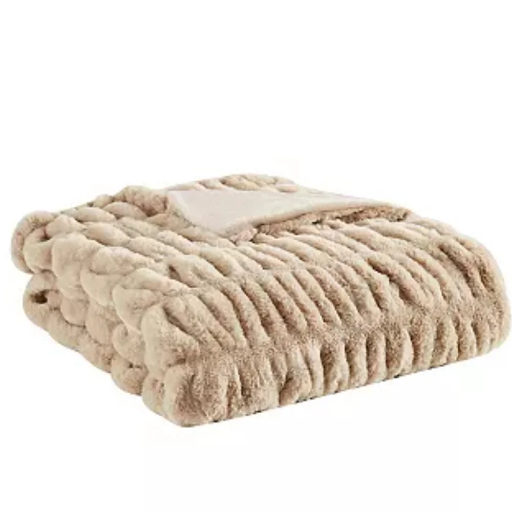Badgley Mischka Home Ruched Faux Rabbit Fur 50x70 Throw in Gift Box - Tan - Picture 2 of 4